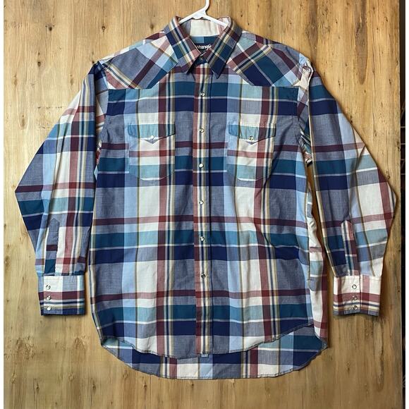 Vintage Wrangler Cowboy Cut Plaid Pearl Snap Western Shirt L 17-34 USA Made - Picture 1 of 10